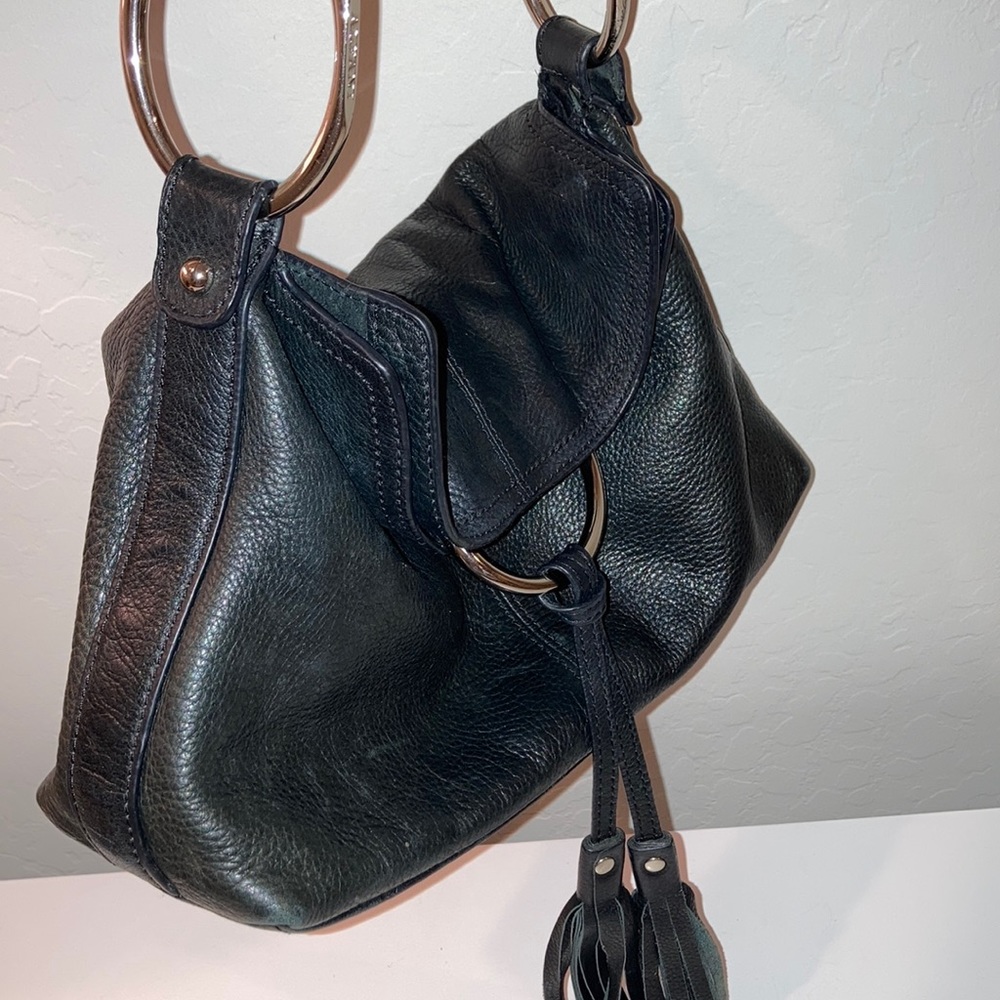 Alfani Black Leather magnetic close and flap over shoulder bag fringe and silver - Picture 14 of 15